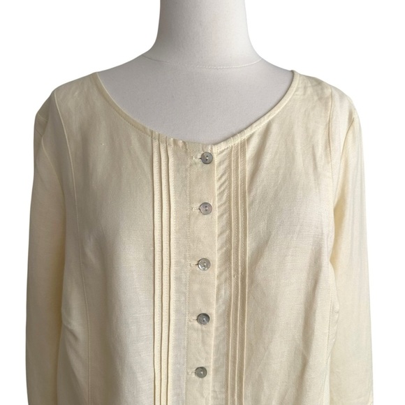 AVENUE Pale Yellow Pintuck Linen Blend Tunic Blouse Mother of Pearl Button Front - Picture 4 of 14